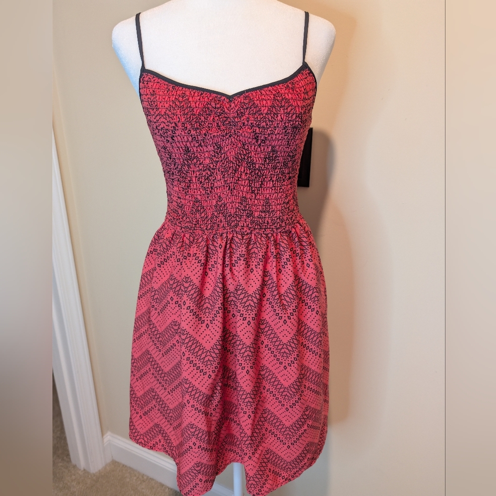Pink and Black Chevron Patterned Midi Dress with Smocked Bodice